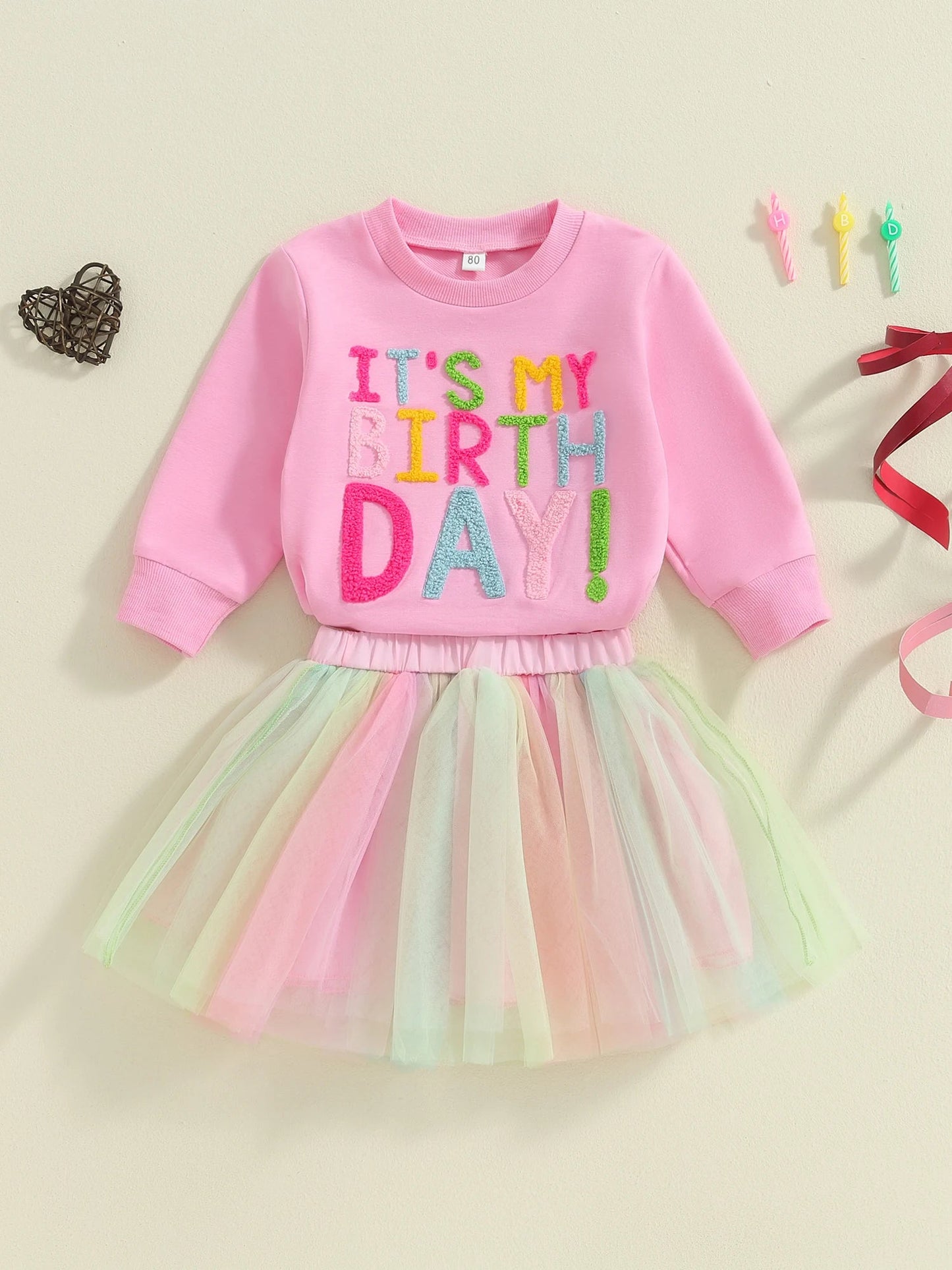 Toddler Birthday Clothes Baby Girl Tutu Skirt Outfit Letter Print Sweathsirt Rainbow Tulle Skirt Fall Winter Sets Good Vibrations