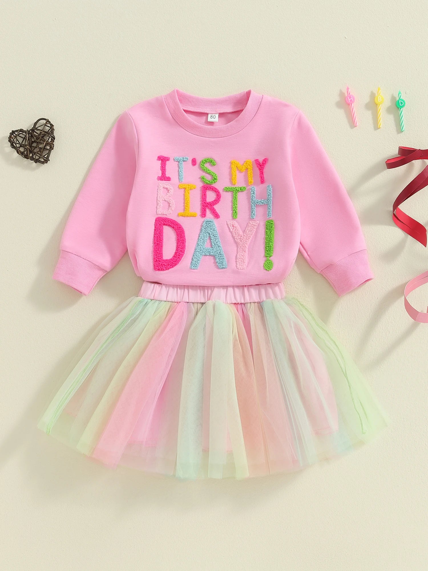 Toddler Birthday Clothes Baby Girl Tutu Skirt Outfit Letter Print Sweathsirt Rainbow Tulle Skirt Fall Winter Sets Good Vibrations