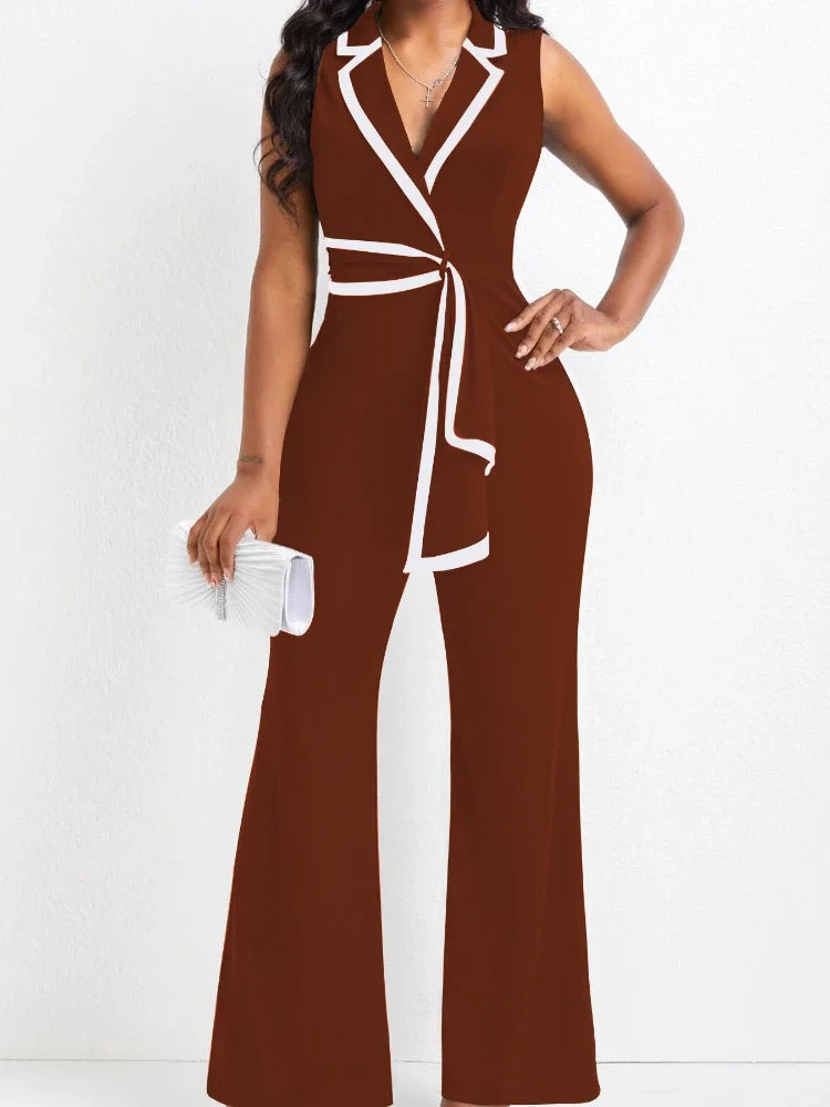 Women's Overalls Outfits Full Length New Fashion 2025 Summer V Neck Elegant Sleeveless Office Lady Jumpsuit Wide Leg Pants Good Vibrations