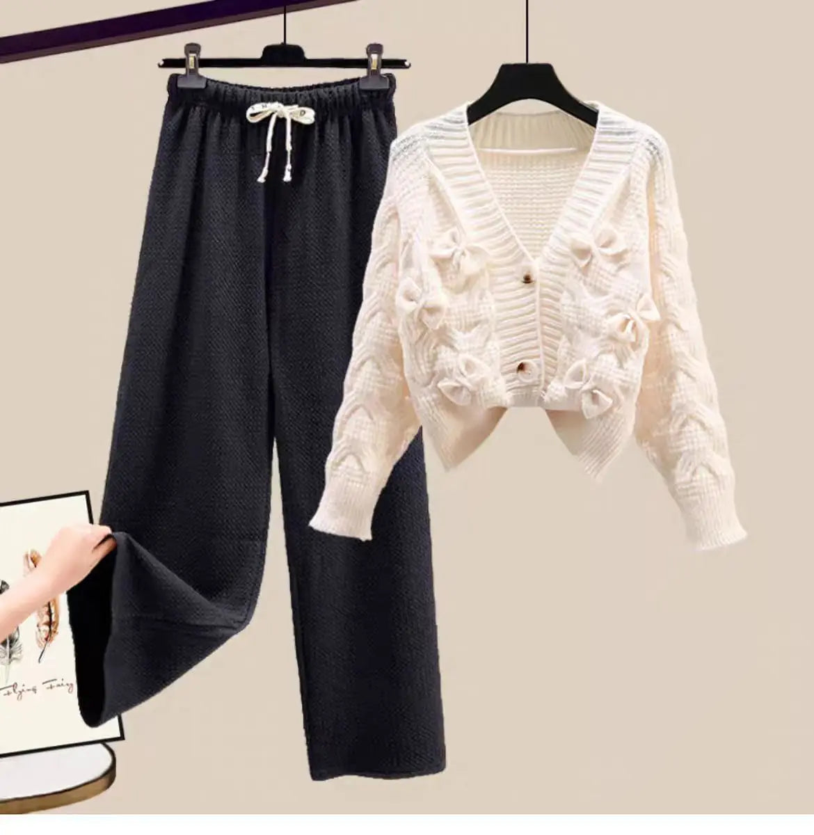 Two Piece Set For Women New In Sweater Matching Sets Korean Sweet Bow Outfit Long Sleeve Cardigan Knitwear Wide Leg Pants Set Good Vibrations