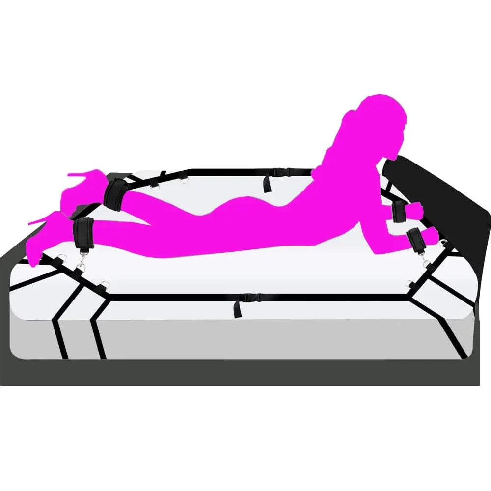 Sex bed restraint system with nylon handcuffs and ankle cuffs for couples BDSM play.