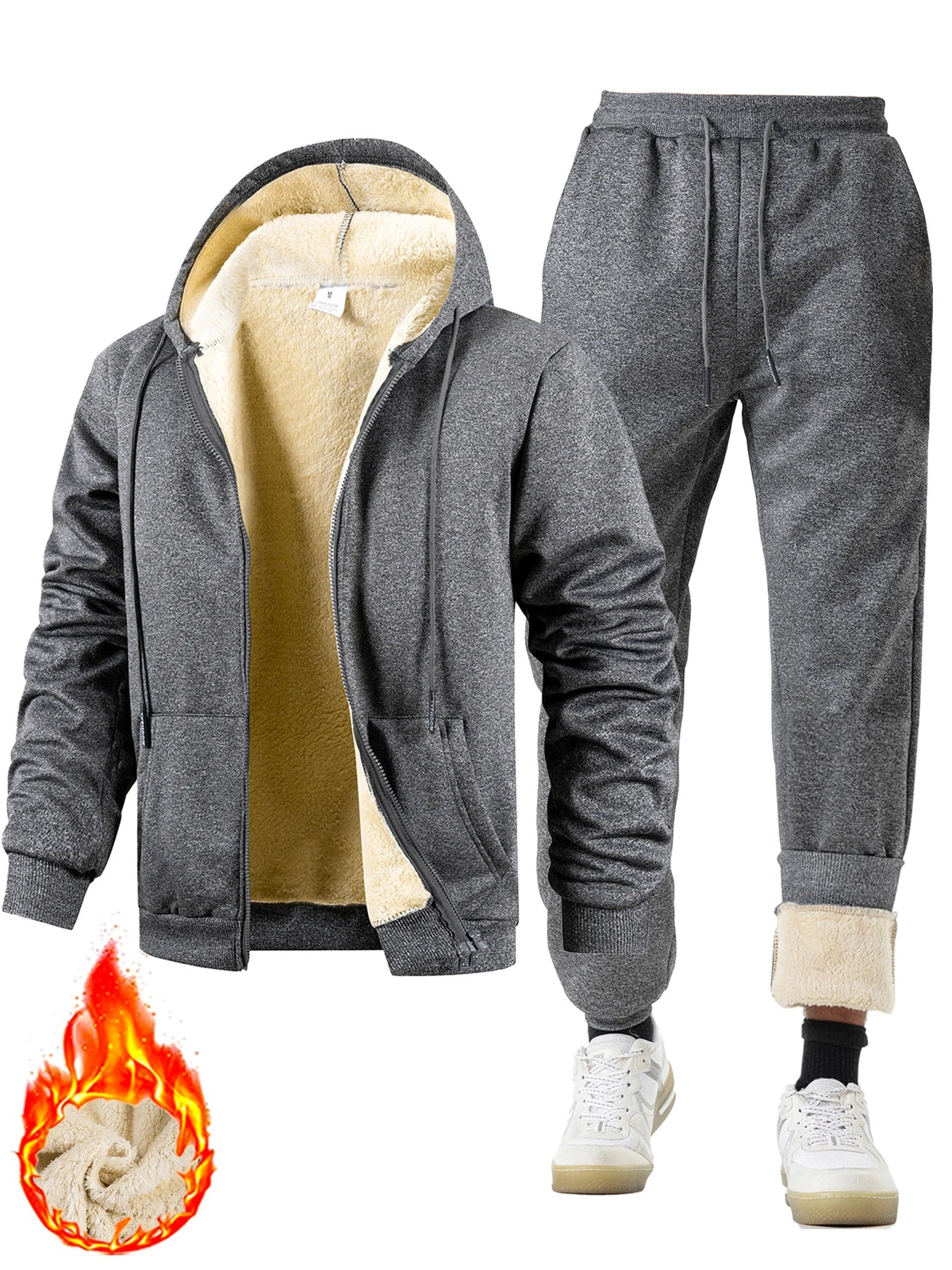 Men's Suit Two-Piece Tracksuit Plush Thickened Warm Sports Jacket+Trousers Sports Suit Winter Outdoor Casual Hoodie Sportswear Good Vibrations