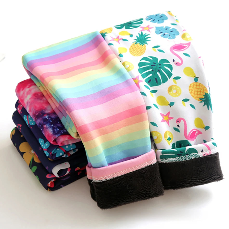 Girls Warm Plush Long Pants for Autumn Spring Cartoon Butterfly Striped Soft Cozy Leggings Fleece-Lined Bottoms Kids Casual Wear Good Vibrations