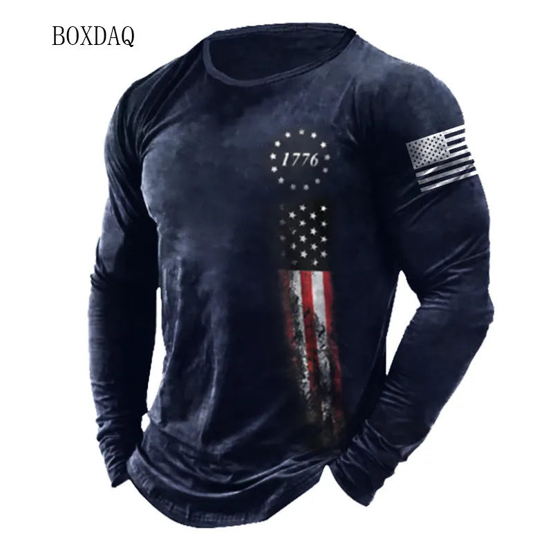 American Flag Pattern Men T-shirts Spring Autumn Long Sleeve 3d Print Street Fashion Tee 6XL Plus Size Male Clothing Casual Tops Good Vibrations