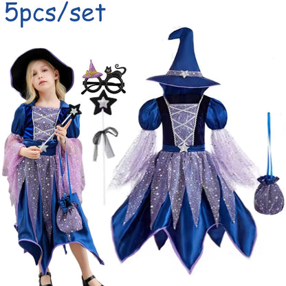 Halloween Party Costumes Witch Dress for Girls Kids Cosplay Carnival Witch Costume Pumpkin Dress Up With Bag Hat Wand Clothing Good Vibrations