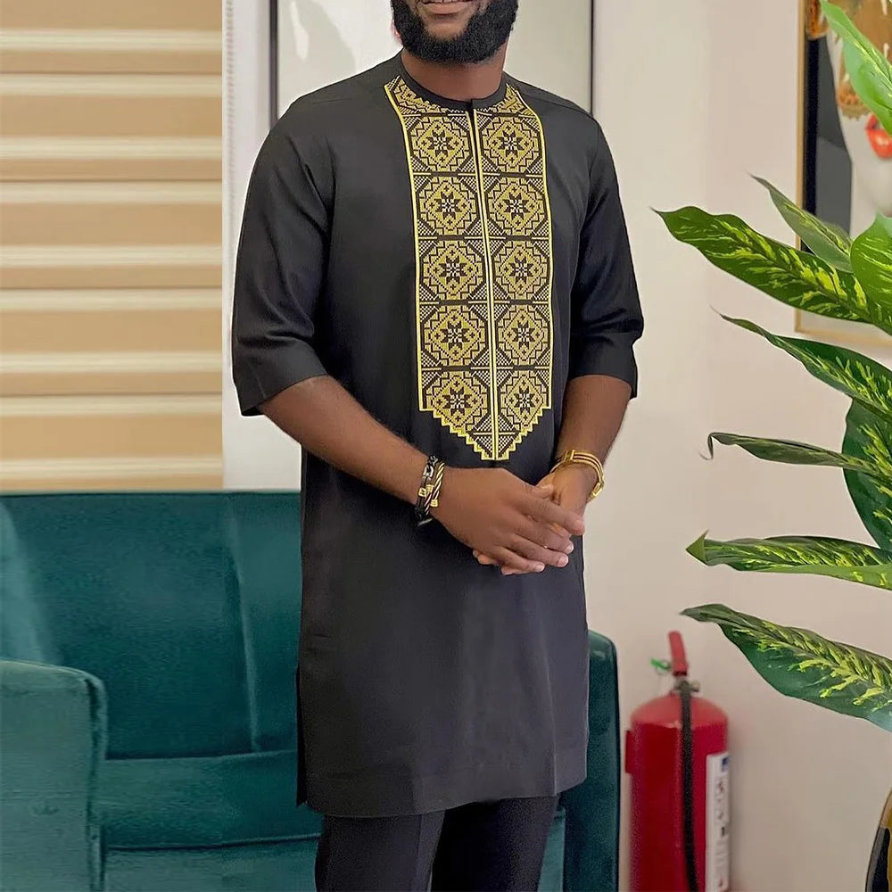 New Dashiki Luxury Full Set Men's Set Round Neck Embroidered Men's Set African Traditional Two Piece Set Men's Full Set Suit Good Vibrations