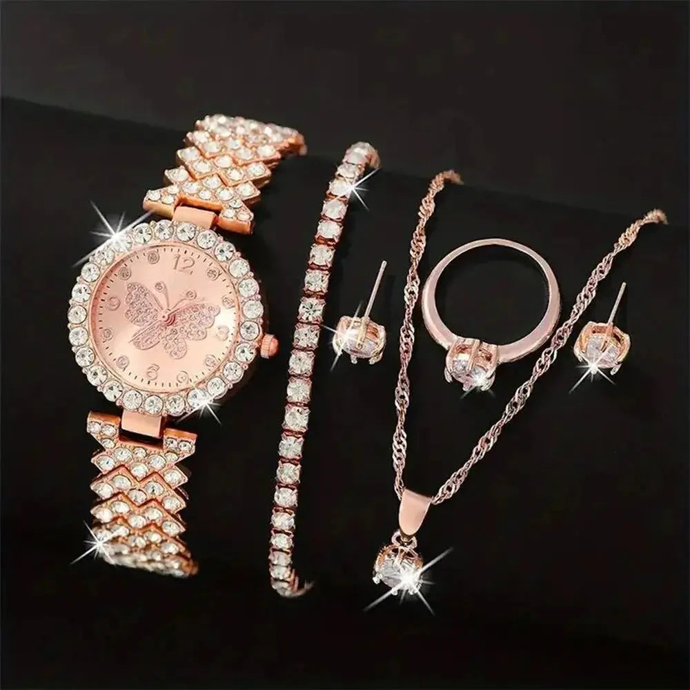 6 Piece Jewelry Set Rose Gold Luxury Watches Women Rings Necklace Earrings Rhinestone Fashion Watches Casual Women Watches Good Vibrations Adult Super Store