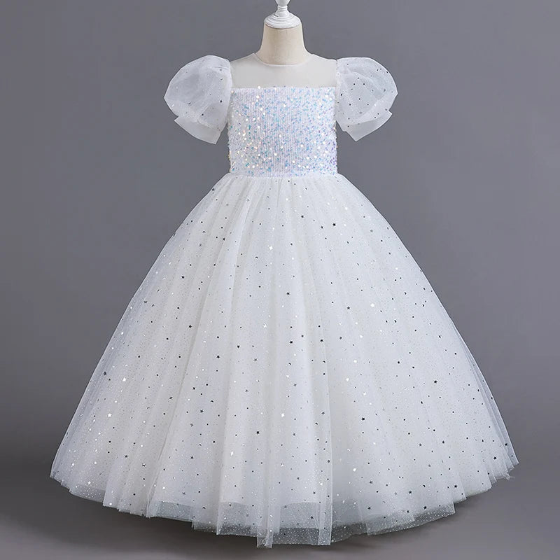 8903 Children's Dress Girls' Princess Sequin Bubble Sleeve Long Mesh Flower Little Girl Wedding For Summer Good Vibrations