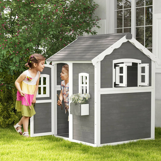 Outsunny Playhouse for Kids, Outdoor Wooden Playhouse with Floor, Door, Windows & Planter Box for 3-8 Year Olds, Backyard Good Vibrations