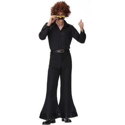 Vintage European and American 70s Disco Sequin Couple Costume Black Top Pants Cool Clothes for Women Men Bar Performance Outfit Good Vibrations