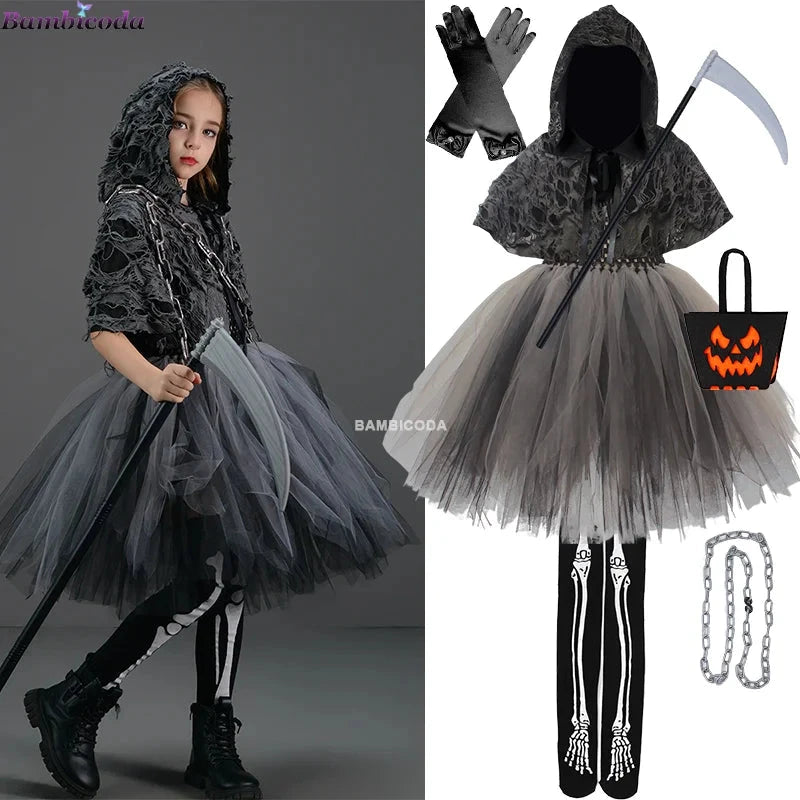Halloween Grim Dresses Horror Death Cosplay Black Cloak Costume kids Girls Party Clothes Halloween Dress Demon Ghosts Costume Good Vibrations