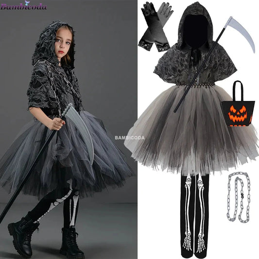 Halloween Grim Dresses Horror Death Cosplay Black Cloak Costume kids Girls Party Clothes Halloween Dress Demon Ghosts Costume Good Vibrations