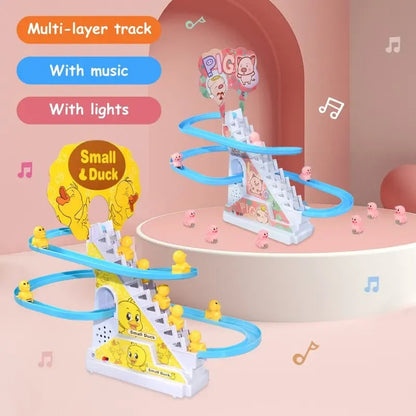 Electric Small Ducks Climbing Toys DIY Ducks Chasing Race Track Game Set with Lights & Music Roller Coaster Toy for Kids Gift Good Vibrations