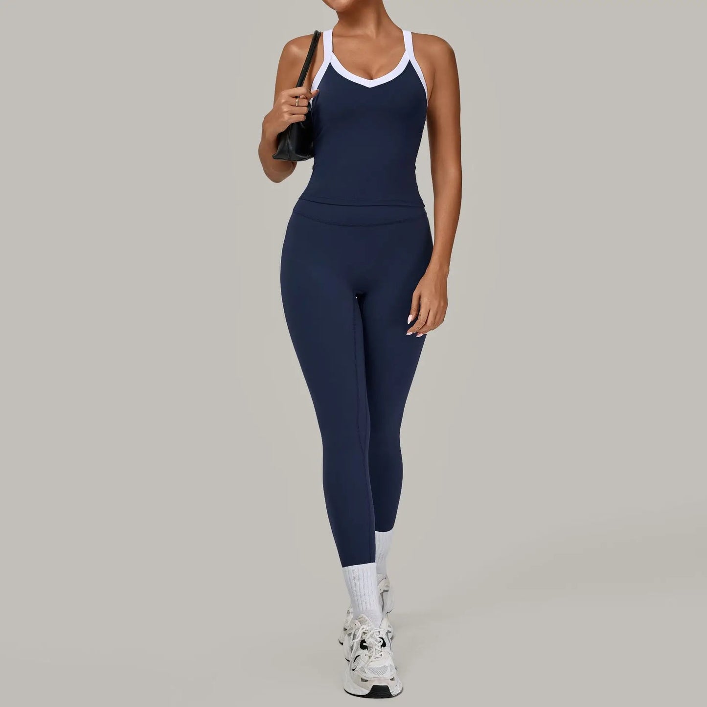 Autumn Yoga Outfit for Women V Neck Sports Tank Top Sets with Chest Pad Workout Leggings Sports Tracksuit Jogging Tights Good Vibrations