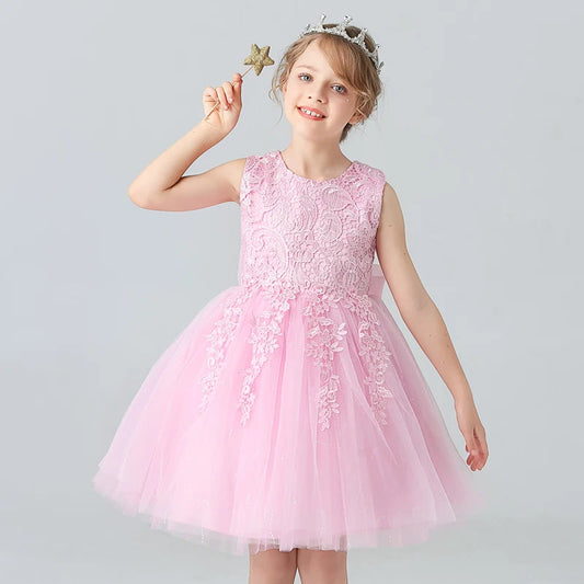 BX8991 White Lace Flower Girl Dress Bows Children's First Communion Dress Girls Sleeveless Princess Dresses Good Vibrations