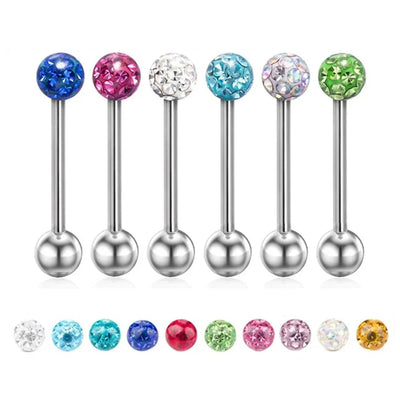 6Pcs Mixed Set 6mm Crystal 14G 1.6mm Steel Tongue Ring 16mm Bar Barbell Nipple Body Piercing Jewelry