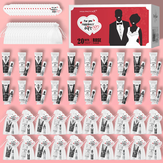 20 sets of wedding dress and suit theme gifts include hand cream, lipstick, white drawstring bag and wedding love greeting card