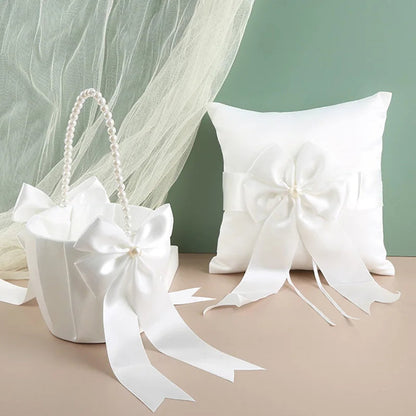 Flower Girl Basket Ring Bearer Pillow Set White Romantic Satin Bow Pearls Ring Pillow For Bride/Kid Wedding Ceremony Party Decor Good Vibrations