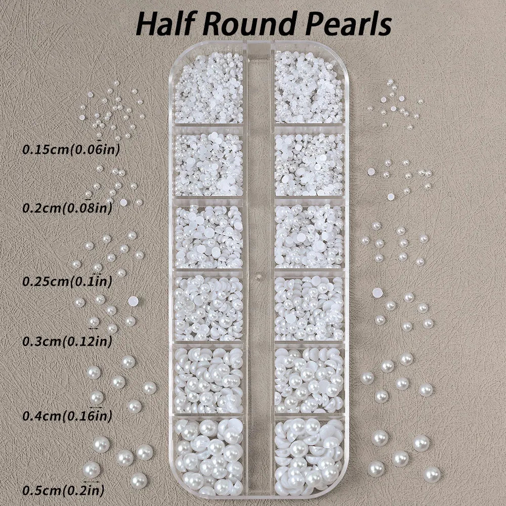12grids Half Round Pearls Beads 3D Nail Charms 1.5/2/2.5/3/4/5mm White Flatback Pearls Nail Jewelry Nail Craft Pearl Rhinestones Good Vibrations