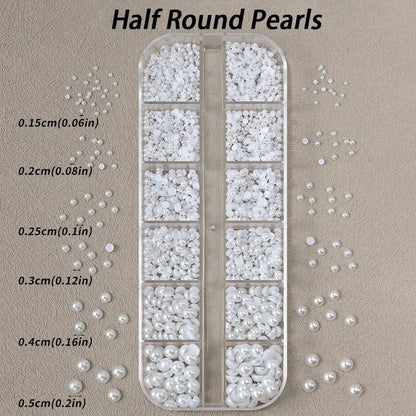 12grids Half Round Pearls Beads 3D Nail Charms 1.5/2/2.5/3/4/5mm White Flatback Pearls Nail Jewelry Nail Craft Pearl Rhinestones Good Vibrations