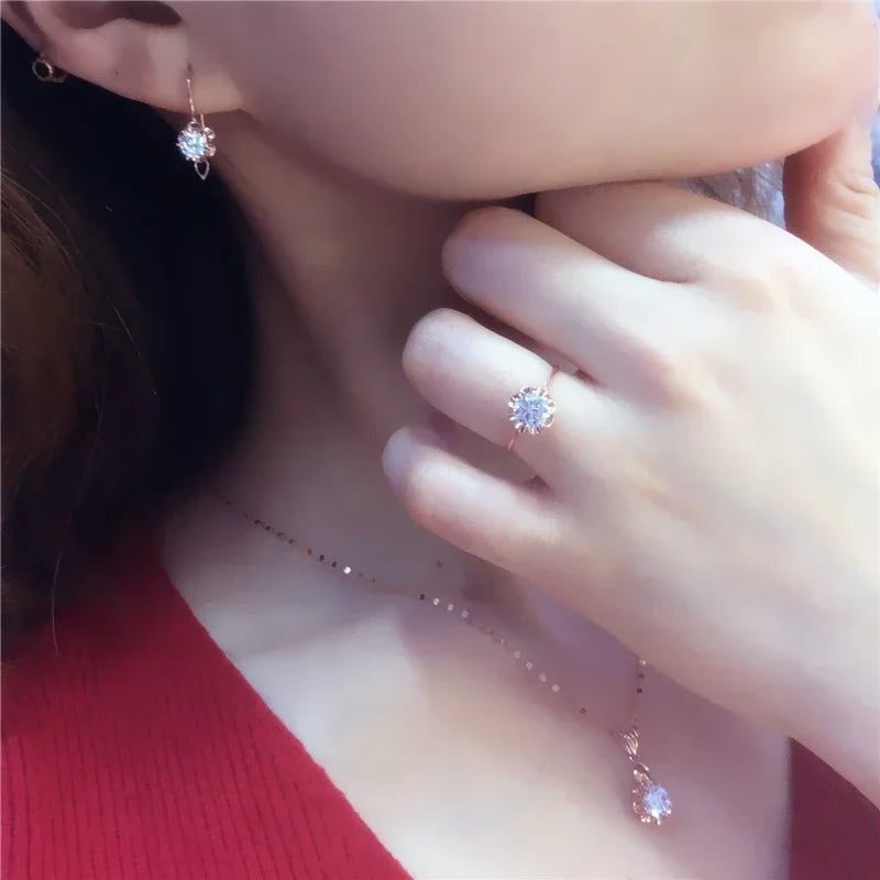White Shiny Flower Jewelry Set Plated  Rose Gold Earrings for Women Charms Rings Necklace Elegant Light Luxury Necklaces Good Vibrations