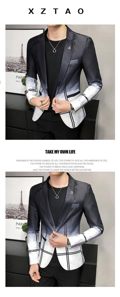Blazer Men Boutique Fashion Plaid Men's Slim Casual Suit Jacket Male Ball Social Blazer Suit Coat Host Clothing Good Vibrations