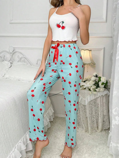 Y2K Coquette Cherry Print Pajama Set Womens Cami Crop Top Pants Two Piece Sleepwear Loungewear Summer Spring Autumn Outfits Good Vibrations
