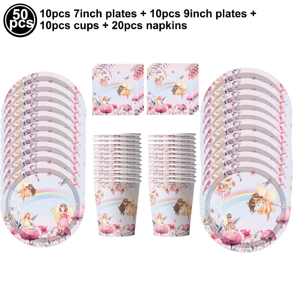 Fairy Party Supplies for Girl Birthday Fairies Enchanted Themed Baby Shower Party Decor Garden Flower Disposable Tableware Decor Good Vibrations