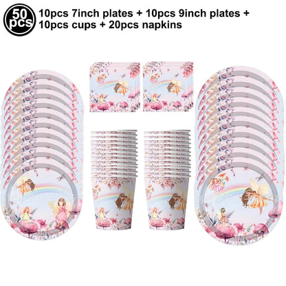 Fairy Party Supplies for Girl Birthday Fairies Enchanted Themed Baby Shower Party Decor Garden Flower Disposable Tableware Decor Good Vibrations
