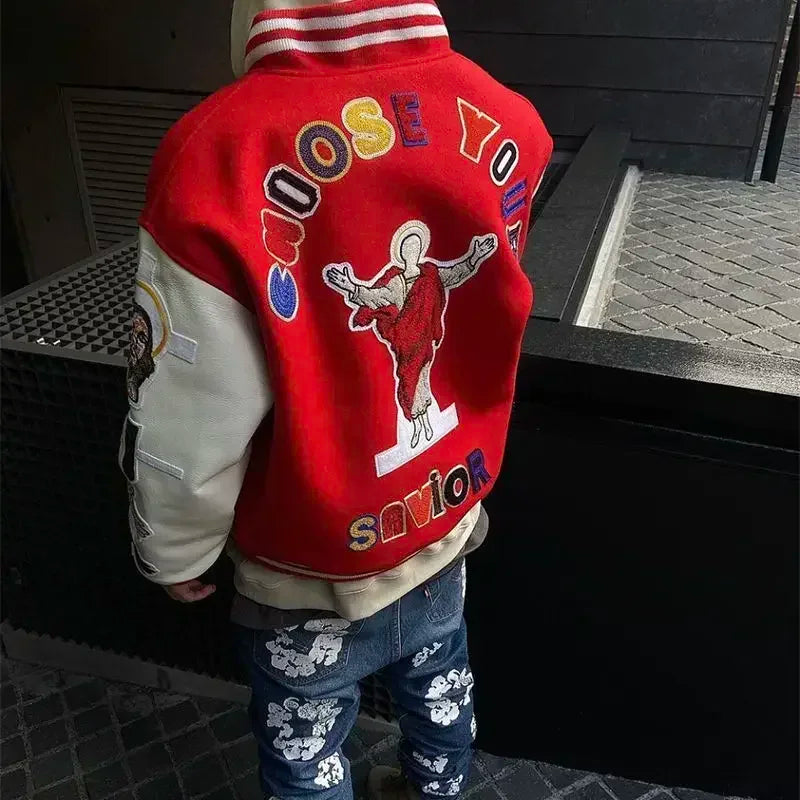 American Fashion Trendy Brand High-density Letter Cartoon Embroidered Red Baseball Uniform Clothing For Men And Women Jacket Good Vibrations