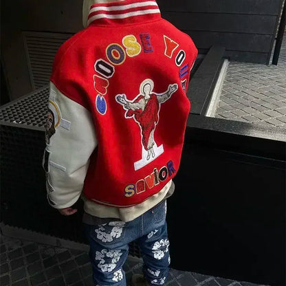 American Fashion Trendy Brand High-density Letter Cartoon Embroidered Red Baseball Uniform Clothing For Men And Women Jacket Good Vibrations