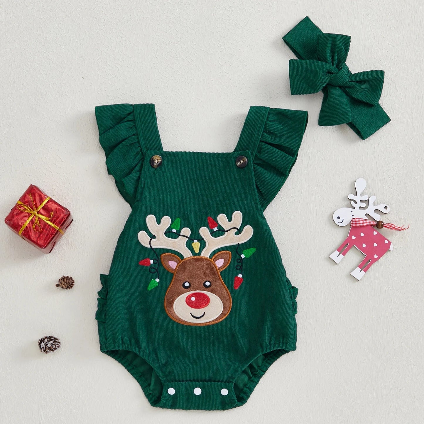 BeQeuewll Cute Elk Christmas Baby Girls Clothes Newborn Jumpsuit Winter Autumn Flying Sleeve Infant Rompers with Headband Set Good Vibrations