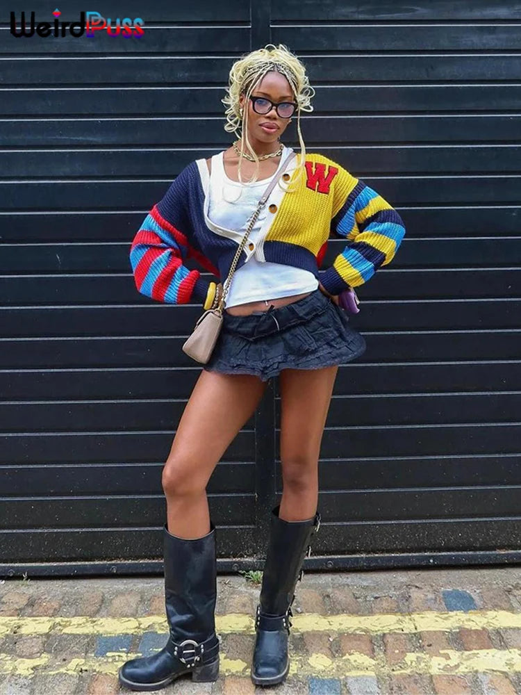 Weird Puss Y2K Cardigan Sweater Women Letter Print Casual Wild V-Neck Button Colorful Patchwork Street Trend Hipster Knit Coat Good Vibrations