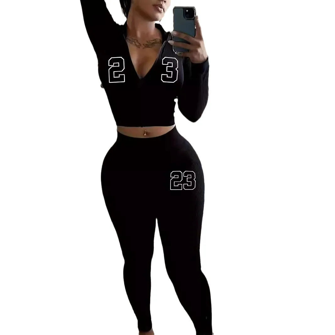 FAGADOER Letter Print Casual 2 Piece Sets Outfit Black Long Sleeve Zip Crop Top and Leggings Suit Sporty Jogger Street Wear Fall Good Vibrations