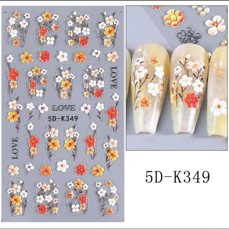 ★★★Colorful 5D Flower Embossed Nail Stickers Fresh Floral Designs Five-Petal Flower Self-Adhesive DIY Nail Art Decals Good Vibrations