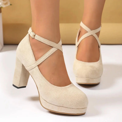 Women Shoes on Heels Women Platform Pumps Spring Summer Shallow Cross Strap Buckle Shoes Round Toe Shoes for Women High Heels