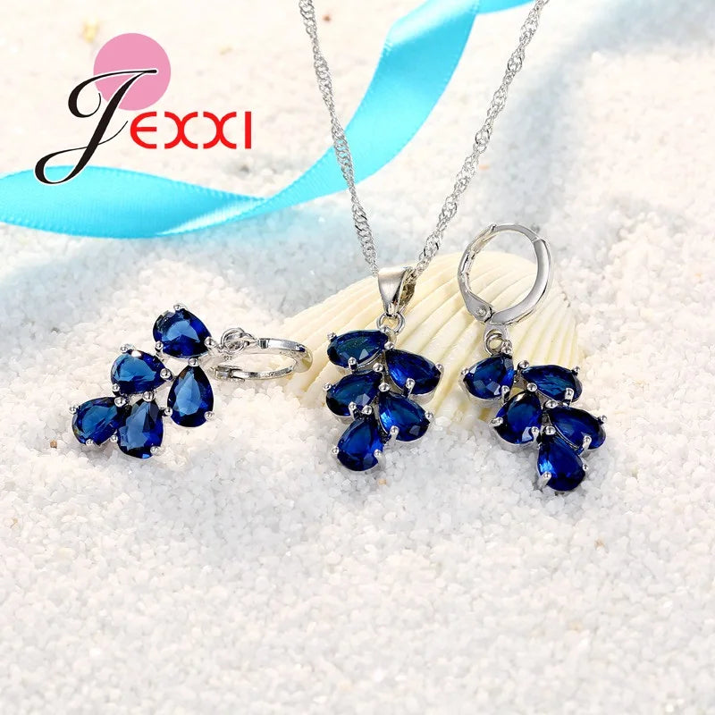 Anniversary Gift For Women Trendy 925 Sterling Silver Color Jewelry Sets Cubic Zirconia Pendants Necklaces Charm Hoop Earrings Good Vibrations Adult Super Store