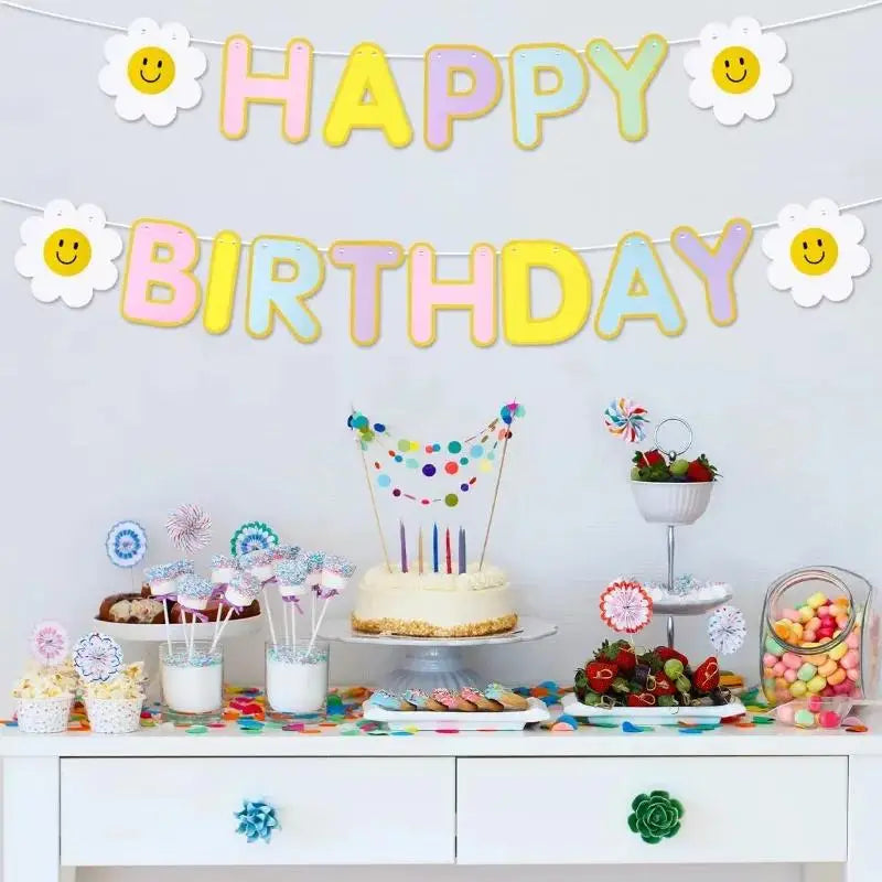 1Pc Daisy Happy Birthday Banner Colorful Flag Garland Kids Adults Birthday Scene Decor Photo Booth Prop Good Vibrations
