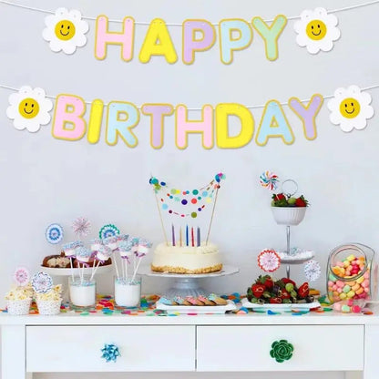 1Pc Daisy Happy Birthday Banner Colorful Flag Garland Kids Adults Birthday Scene Decor Photo Booth Prop Good Vibrations