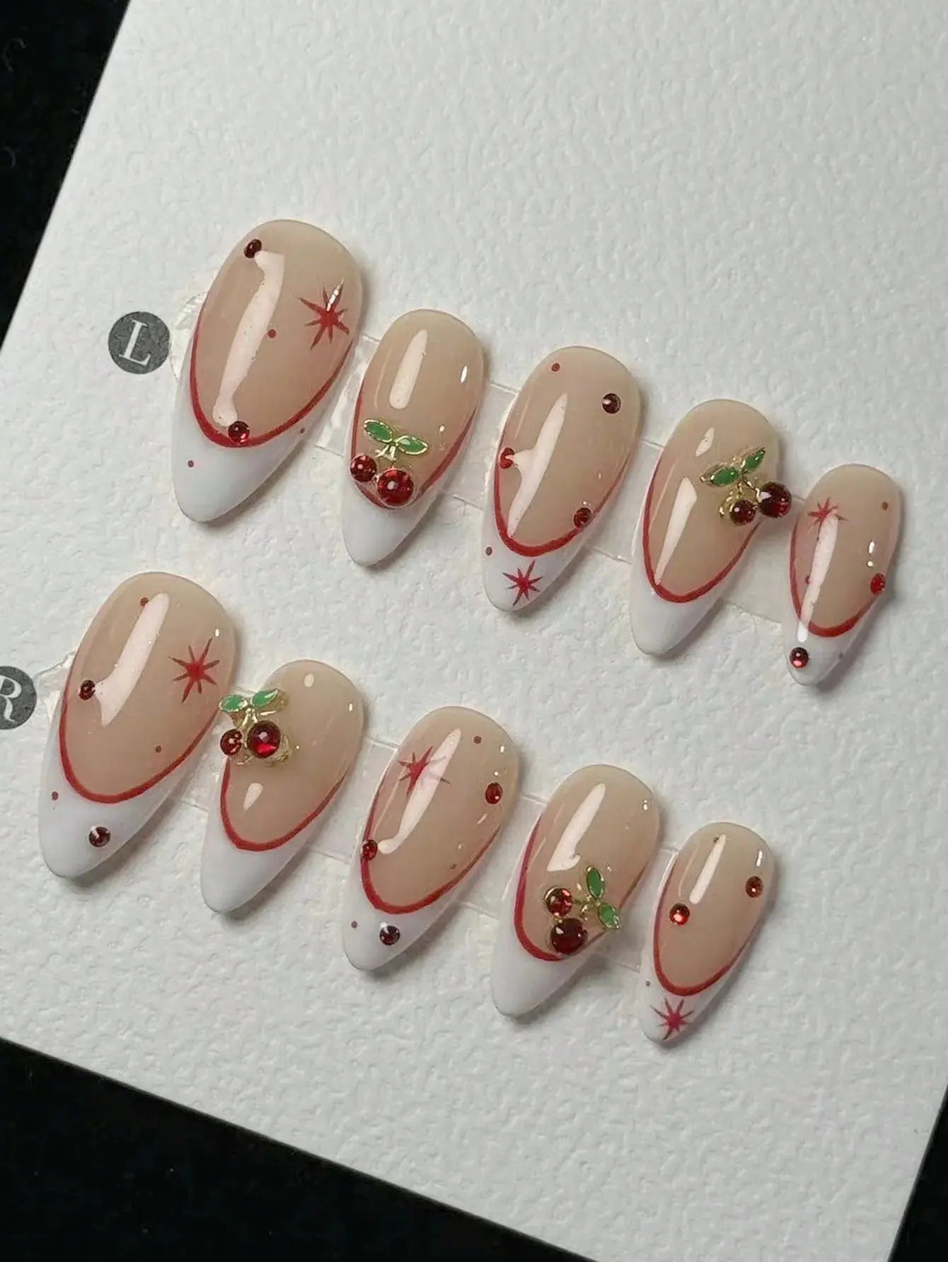 10 pieces of pure handmade almond-shaped nails, with white French tips and red cherry decorations. They are suitable for daily c Good Vibrations