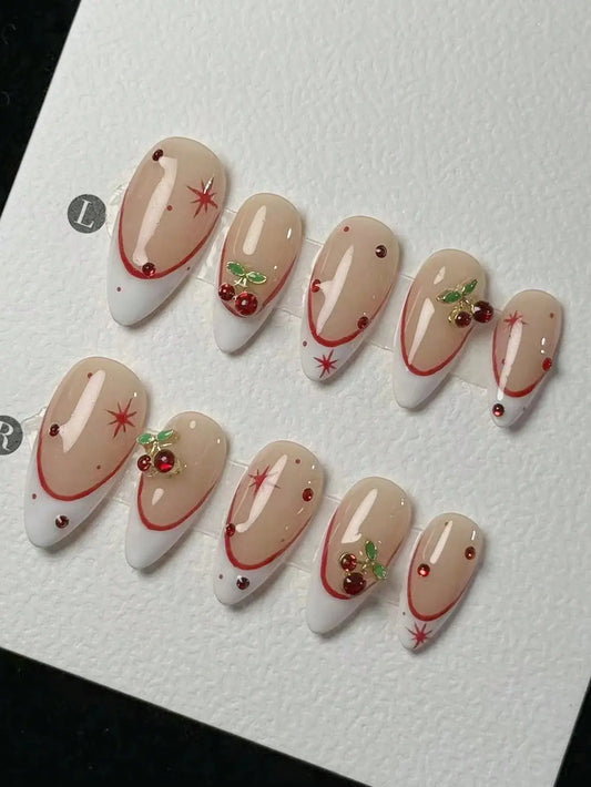 10 pieces of pure handmade almond-shaped nails, with white French tips and red cherry decorations. They are suitable for daily c Good Vibrations