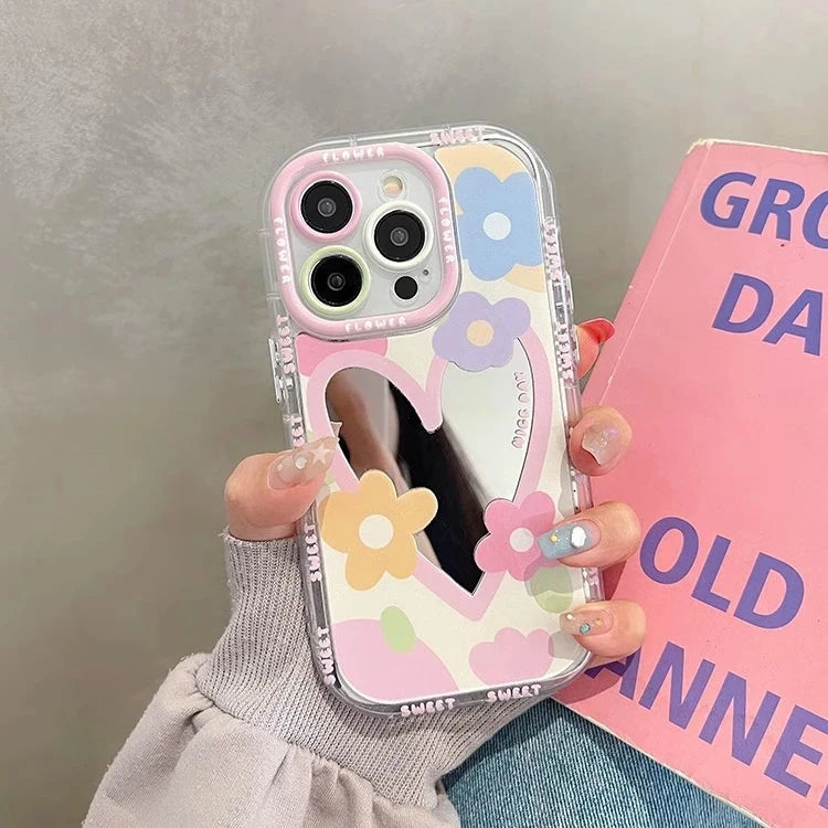 Cute Cartoon Flower Mirror Case for iPhone 15 14 13 Pro Max 12 11 15Pro Love Heart Colorful Make Up Ins Korean Shockproof Cover Good Vibrations