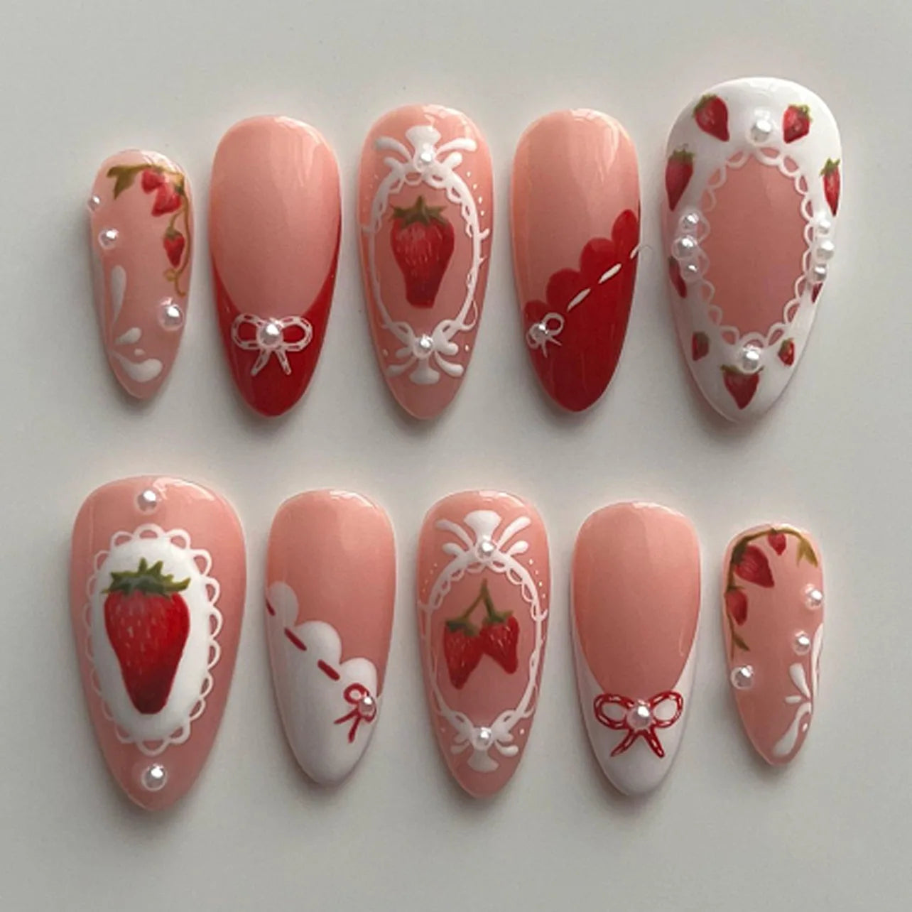24pcs Sweet Letter Press On Nails Cute Cherry Bowknots Ladybug Strawberry Decor False Nails Blush Pink Almond Fake Nail For Girl Good Vibrations