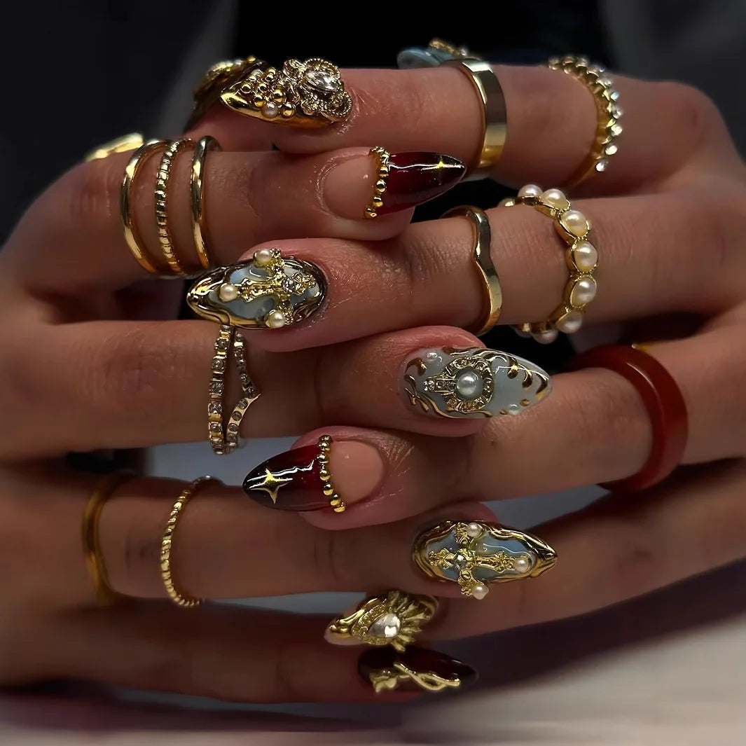 24Pcs False Nails Spicy Girl Silver Bow with Diamond Fake Nails with Glue Almond Press on Nails Black Cool Y2k Almond Nail Set Good Vibrations