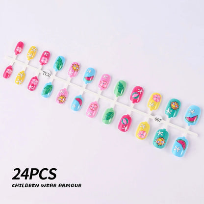 24Pcs/Strip Pink Detachable Child False Nails Tip Kawaii Cartoon Strawberry Acrylic Artificial Full Cover Press On Nail for Girl Good Vibrations