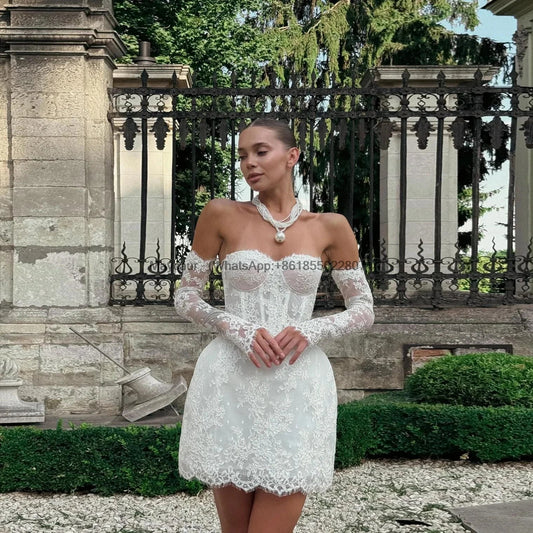 Glamorous A Line Wedding Dress Lace Strapless Removeable Sleeves Celebrate Bridal Gown Short vestidos de novia Customized Good Vibrations