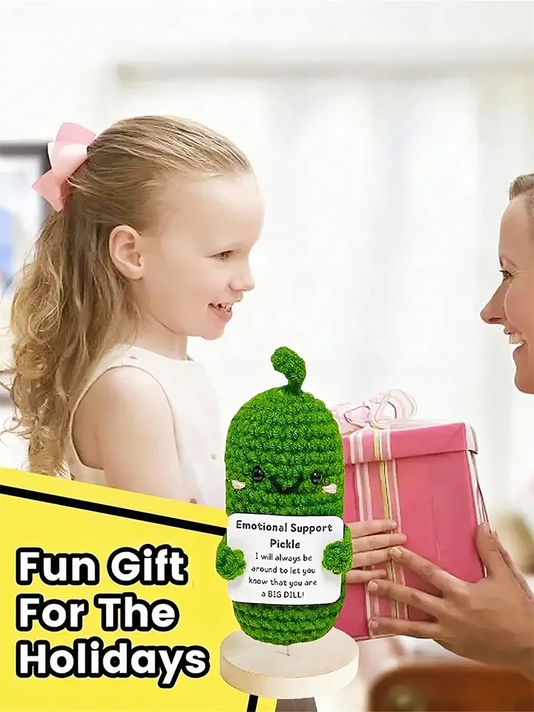 Cute Handmade Plush Doll Knitted Cucumber Décor with Positive Message Valentine's Day New Year Birthday Gift for Kid and Couples Good Vibrations