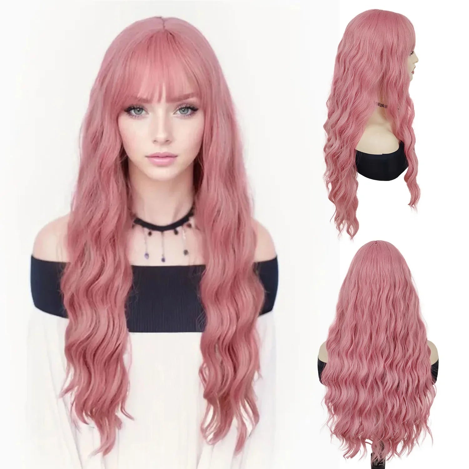 Synthetic Cosplay Pink Wigs Long Water Wavy Wig with Bangs for Women Girls Halloween Wig Costume Carnival Party Christmas Use Good Vibrations