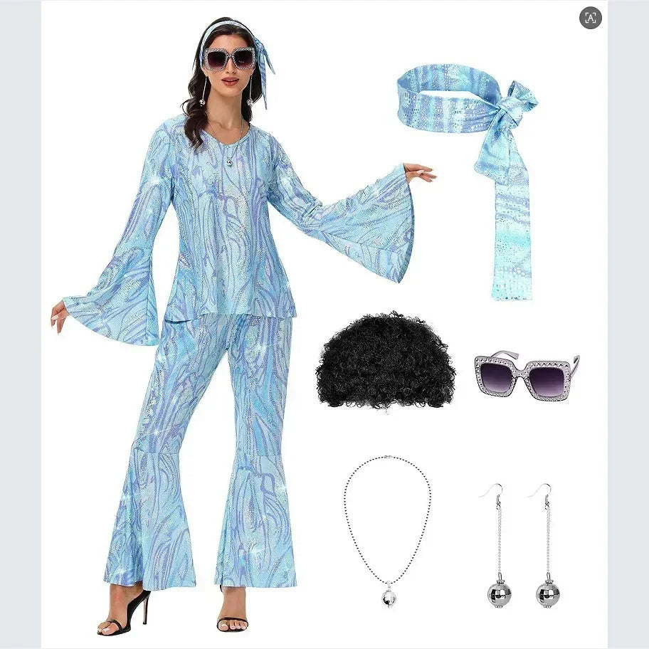 70s Women Disco Outfit Costume Disco Party Top Pants Sunglasses Ball Necklace Earring Wig for Halloween Easter Party Dress Up Good Vibrations