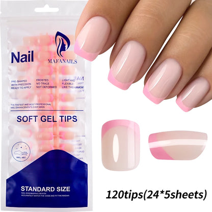 120pcs Pink French Tip Press-On Nails Medium Length Square Shape With Glossy Finish False Nails Full Cover Pre-Shaped Fake Nails Good Vibrations